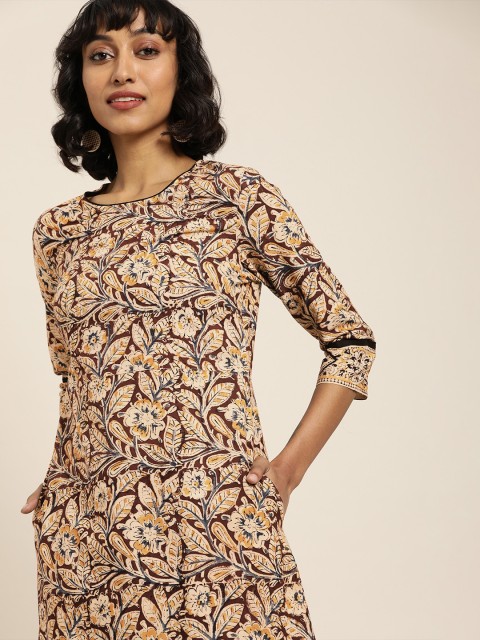 

Taavi Women Brown & Beige Kalamkari Hand Block Print A-Line Sustainable Dress with Pockets