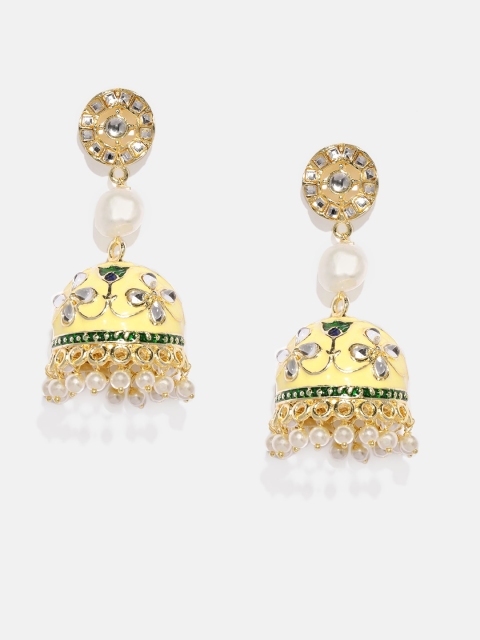 

Anouk Cream-Coloured & Gold-Plated Dome Shaped Meenakari Jhumkas