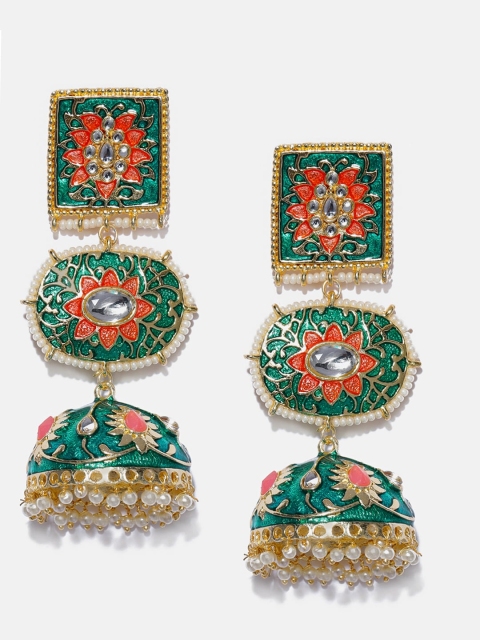 

Anouk Teal Green & Gold-Plated Dome Shaped Meenakari Jhumkas