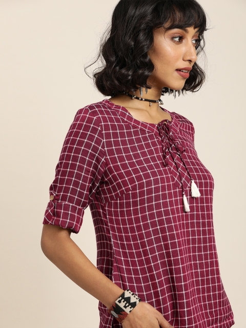 

Taavi Women Maroon & White Checked Woven Legacy Regular Top With Roll-Up Sleeves