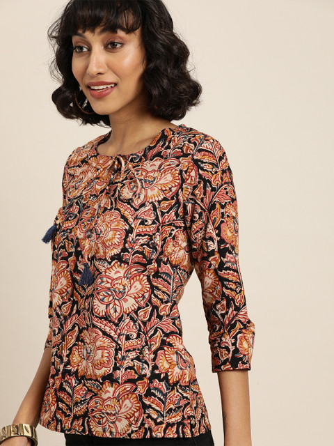 

Taavi Women Red & Black Kalamkari Hand Block Print Sustainable Pure Cotton Top with Roll-Up Sleeves