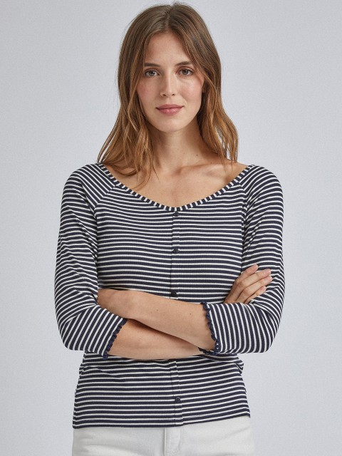 

DOROTHY PERKINS Women White & Navy Blue Striped Top