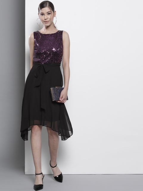 

DOROTHY PERKINS Women Purple & Black Petite Sequinned A-Line Dress