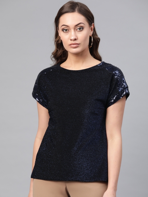 

DOROTHY PERKINS Women Navy Blue Solid Sheen Effect Styled Back Top