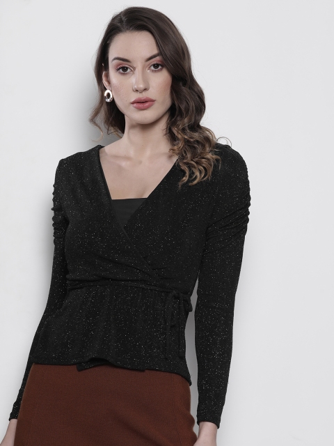 

DOROTHY PERKINS Women Black Shimmer Wrap Top