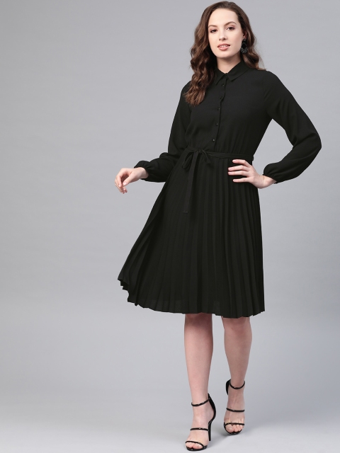 

DOROTHY PERKINS Women Black Solid Accordion Pleated Shirt Dress