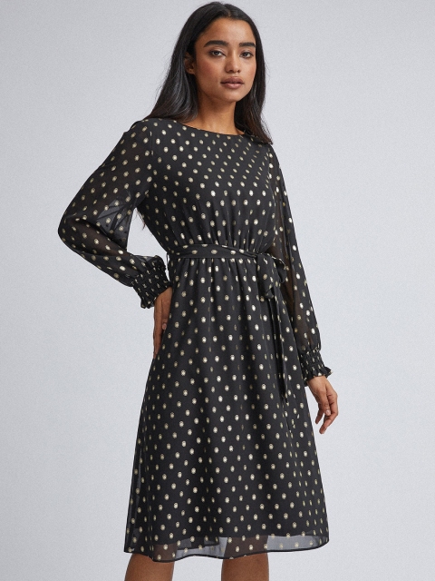 

DOROTHY PERKINS Women Black & Golden Petite Fit Printed A-Line Dress