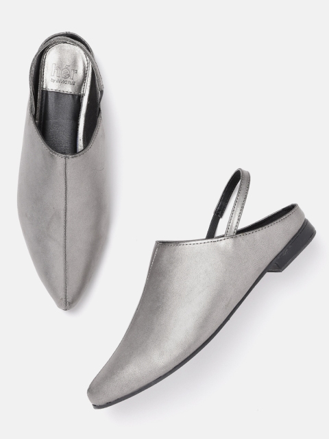 

her by invictus Women Gunmetal-Toned Solid Cushioned Mules, Metallic