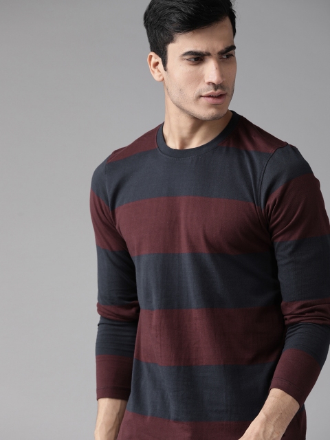 

The Roadster Lifestyle Co Men Maroon & Navy Blue Striped Round Neck T-shirt