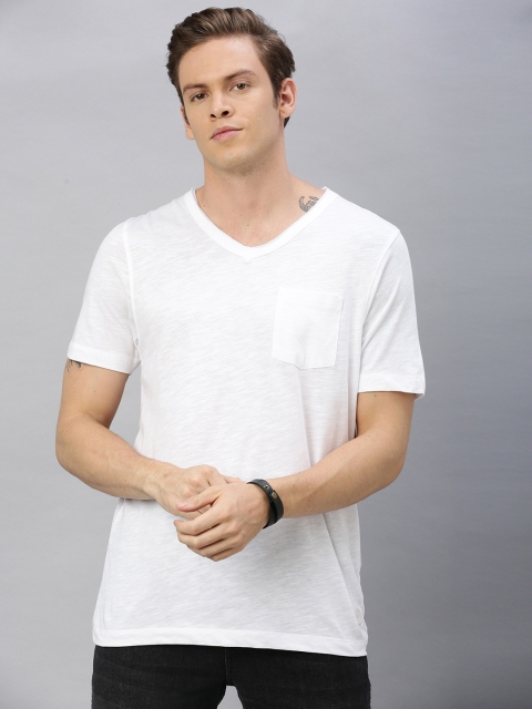 Men White Solid V-Neck Pure Cotton T-shirt