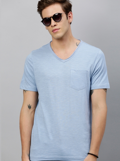 Men Blue Solid Round Neck T-shirt