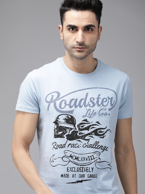 

The Roadster Lifestyle Co Men Blue Grey Printed Round Neck Pure Cotton T-shirt