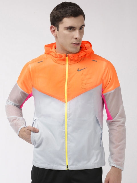 

Nike Men Grey & Orange Colourblocked Lightweight Wind Running Sporty Jacket