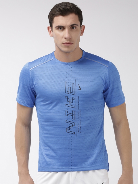 

Nike Men Blue Printed Round Neck DRI FIT DRY MILER SS PO GX FF Running T-shirt