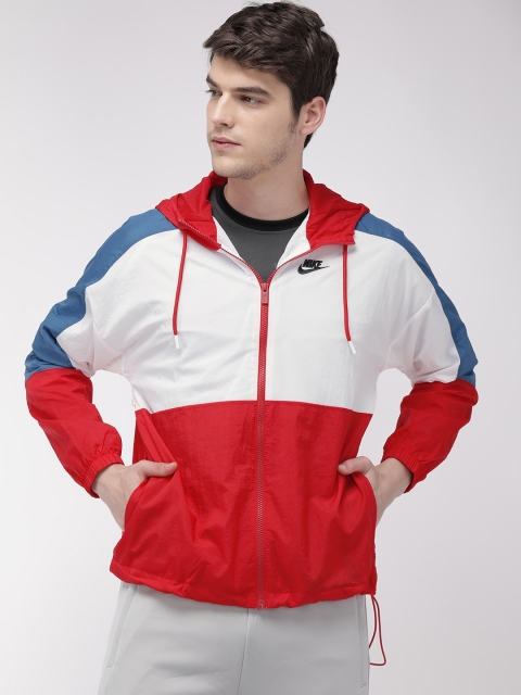 

Nike Men Red & White Loose Fit AS M NSW JKT HD WVN Colourblocked Sporty Jacket