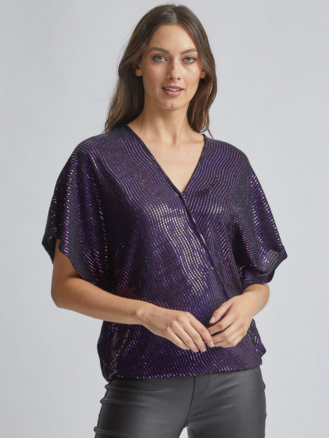 

DOROTHY PERKINS Women Black & Purple Self Design Wrap Top