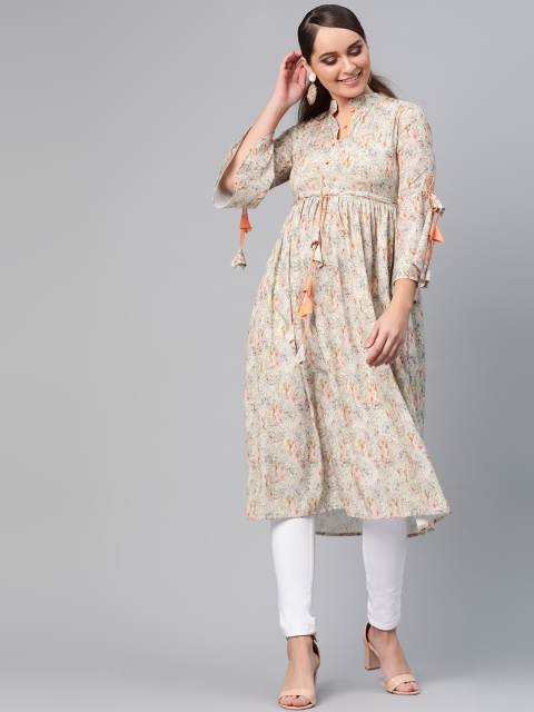 

I AM FOR YOU Women Beige & Orange Floral Print A-Line Kurta