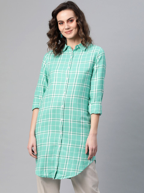 

I AM FOR YOU Women Green & White Regular Fit Checked Casual Longline Shirt