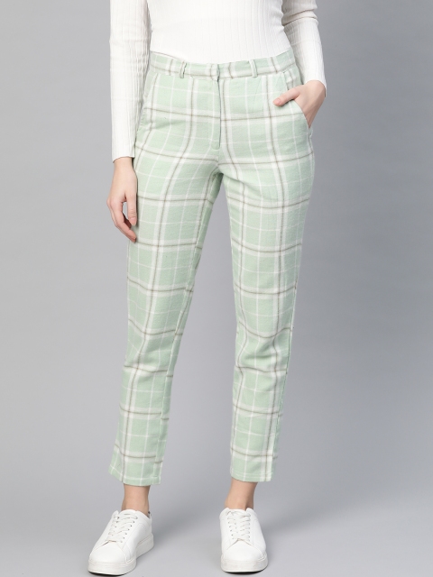 

I AM FOR YOU Women Sea Green & White Tailored Regular Fit Checked Winter Regular Trousers