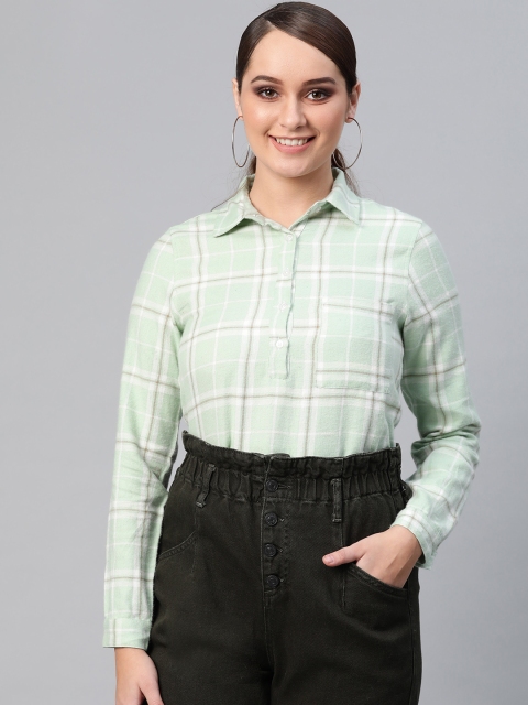

I AM FOR YOU Women Green & White Checked Winter Shirt Style Top