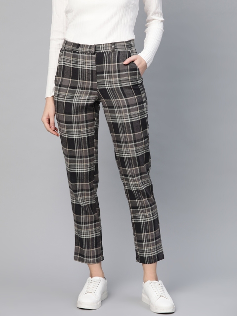 

I AM FOR YOU Women Charcoal Grey & Black Tailored Regular Fit Checked Trousers
