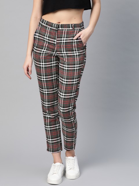 

I AM FOR YOU Women Charcoal Grey & Red Tailored Regular Fit Checked Winter Trousers