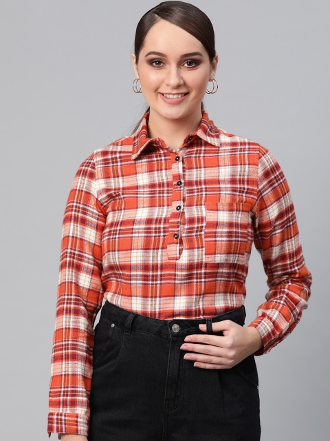 

I AM FOR YOU Women Orange & White Checked Winter Shirt Style Top