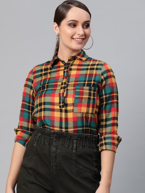 

I AM FOR YOU Women Mustard Yellow & Red Checked Winter Shirt Style Pure Cotton Top