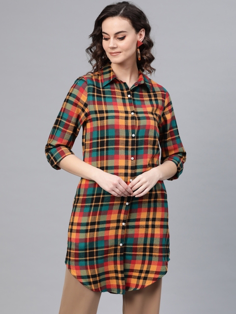 

I AM FOR YOU Women Green & Mustard Yellow Regular Fit Checked Casual Longline Shirt