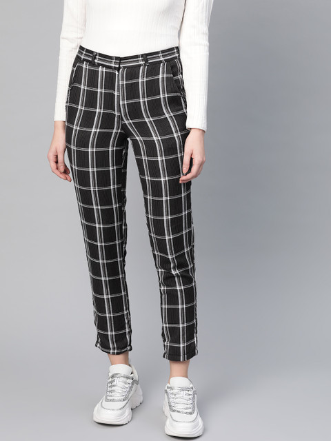 

I AM FOR YOU Women Charcoal Grey & White Tailored Regular Fit Checked Trousers