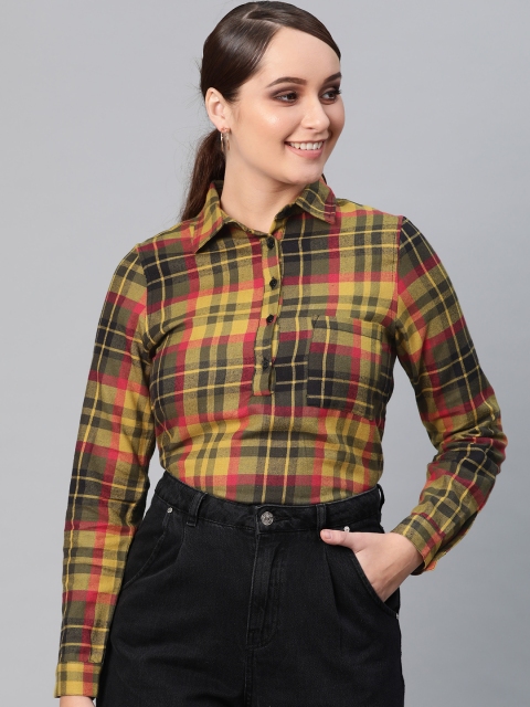 

I AM FOR YOU Women Green & Red Checked Winter Shirt Style Pure Cotton Top