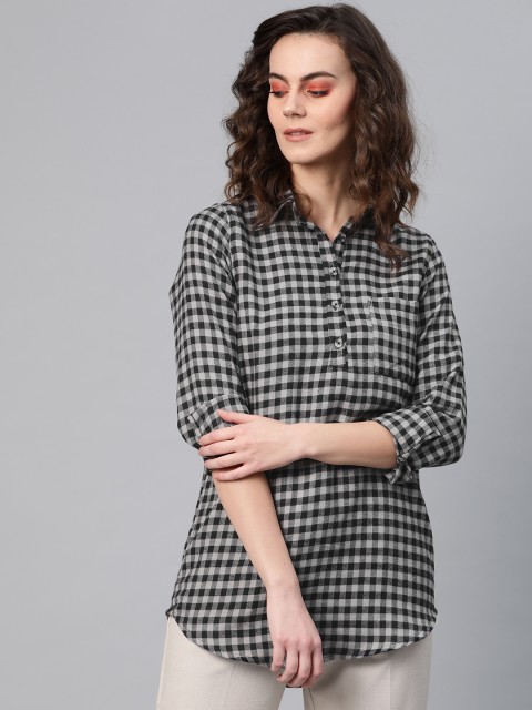

I AM FOR YOU Women Black & Grey Checked Winter Shirt Style Top