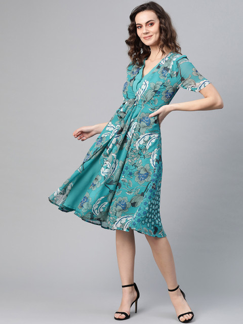 

I AM FOR YOU Women Blue & White Floral Printed A-Line Dress