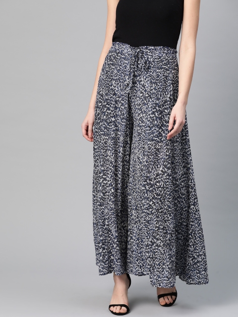 

I AM FOR YOU Women White & Navy Blue Printed Wide Leg Palazzos