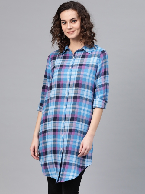 

I AM FOR YOU Women Blue & Pink Regular Fit Checked Casual Longline Shirt