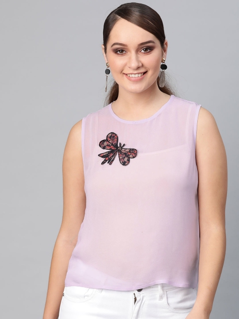 

I AM FOR YOU Women Lavender Semi-Sheer Applique Detail Top