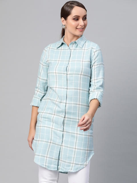 

I AM FOR YOU Women Blue & White Regular Fit Checked Casual Longline Shirt