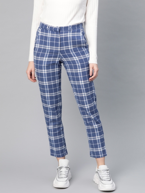 

I AM FOR YOU Women Blue & White Tailored Regular Fit Checked Winter Regular Trousers