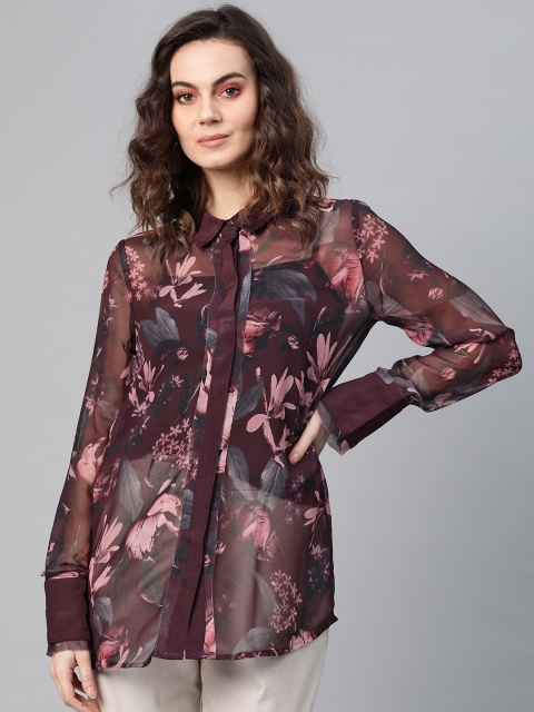 

I AM FOR YOU Women Burgundy & Peach-Coloured Semi-Sheer Printed Casual Shirt