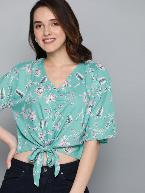 

Mast & Harbour Women Turquoise Blue Floral Print Crop Top
