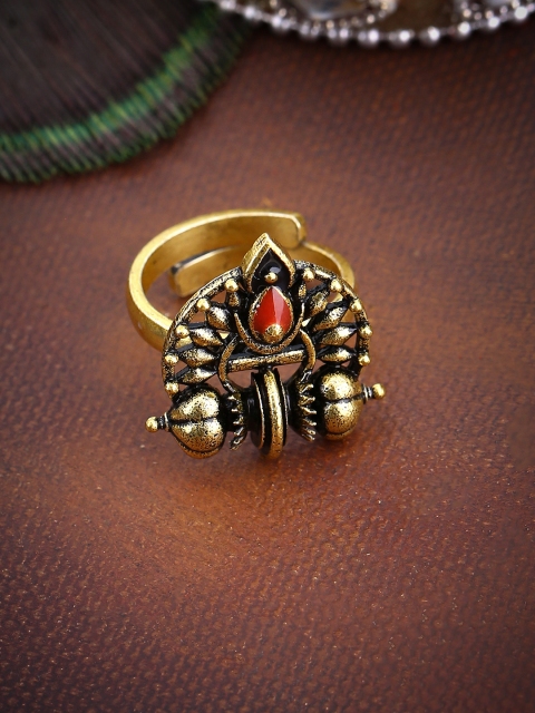

Studio Voylla Gold-Plated Oxidised Durga Mukut Adjustable Statement Finger Ring