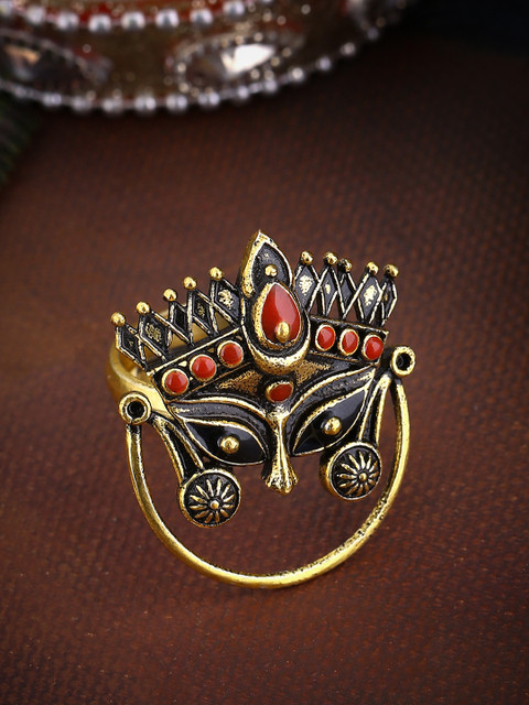 

Studio Voylla Gold-Plated Durga Shakti Adjustable Statement Oxidised Finger Ring