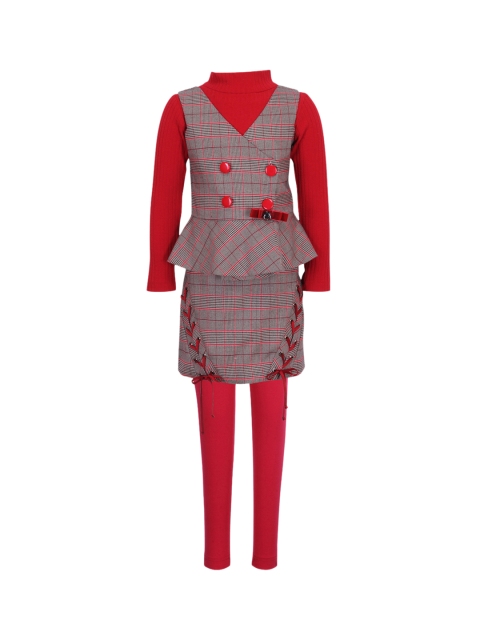 

CUTECUMBER Girls Red & Grey Checked Top with Skirt & Leggings