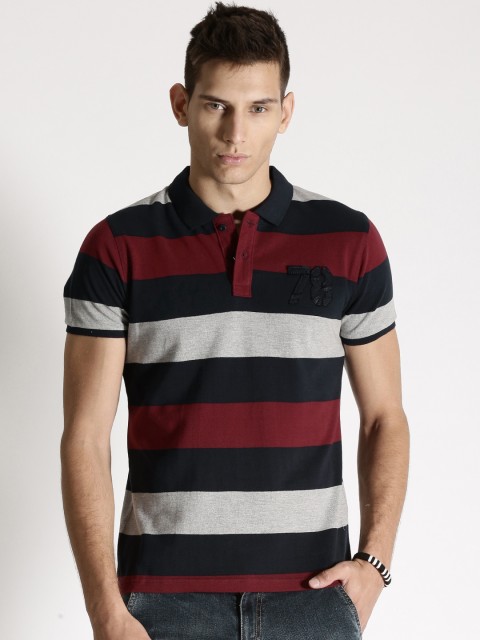 

Roadster Navy & Maroon Striped Short Sleeve Polo T-shirt, Navy blue