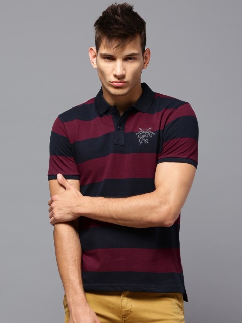 

Roadster Navy Maroon Striped Polo Pure Cotton T-shirt, Navy blue