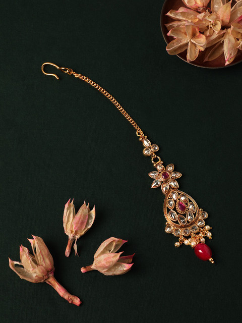 

Rubans Gold-Plated & Red Stone & Pearl Studded Maang Tikka