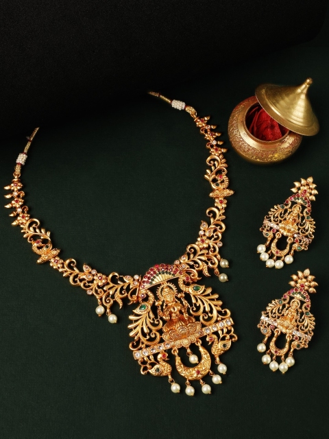 

Rubans Pink & Green Stone-Studded Gold-Plated Temple Jewellery Set
