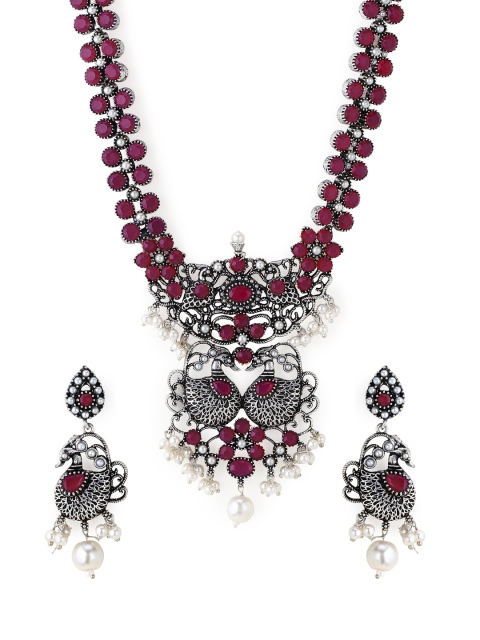 

Rubans Oxidised Silver-Toned, Pink & White Stone-Studded Pearl Beaded Jewellery Set