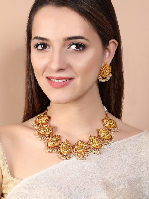 

Rubans Pink & Green Stone-Studded Gold-Plated Temple Jewellery Set