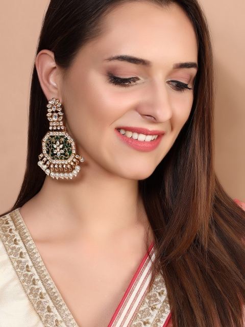 

Rubans Gold-Plated & Green Classic Enamelled Kundan Studded Chandbalis